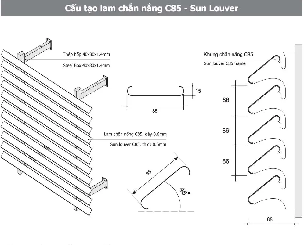 Lam chắn nắng hình 85C - CAA - Trần Nhôm - Lam Chắn Nắng - Tấm Ốp Nhôm Alu